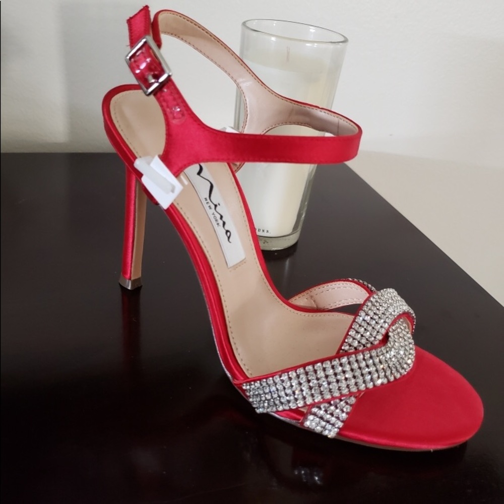 Nina Davia red satin & rhinestone heel